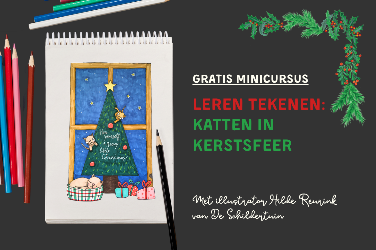 Zelf kerstkaarten tekenen dit jaar? Doe mee met de gratis minicursus Katten in kerstsfeer Foto ingekleurde kerstkaart tekening van katten bij kerstboom, met kleurpotloden