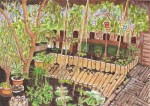 Tuin in wording, tekening met acrylverf en pen op papier