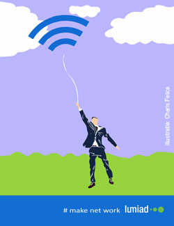poster met zakenman en Wifi, illustratie Charis Felice