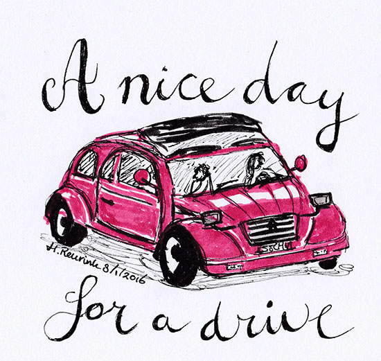 tekening van een rode citroën eend met handlettering tekst, © Hilde Reurink