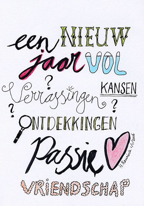 Handlettering tekst over de eerste dag van 2016 met illustraties, © Hilde Reurink