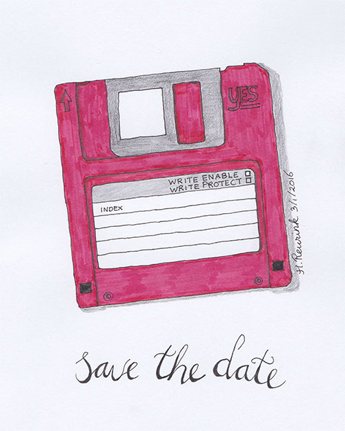 Save the Date kaartontwerp met illustratie van floppy disk en handlettering tekst, © Hilde Reurink