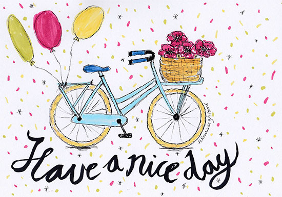 illustratie van een vrolijke fiets met klaprozen in mandje, ballonnen en handlettering tekst, © Hilde Reurink