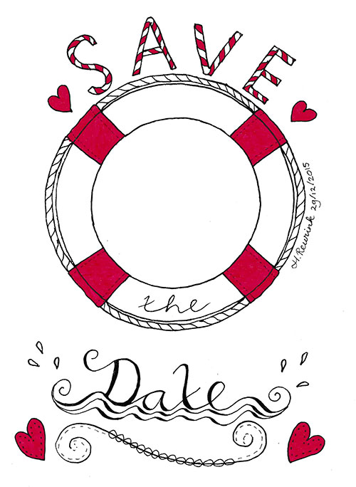 Handlettering Save the Date kaart met illustratie van reddingsboei, © Hilde Reurink