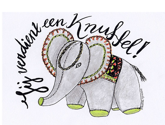 ingekleurde pentekening van olifantje met handlettering, © Hilde Reurink