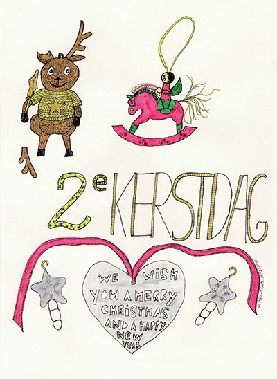 Tweede kerstdag, pentekening met handlettering tekst en illustratie van kerstdecoraties, © Hilde Reurink