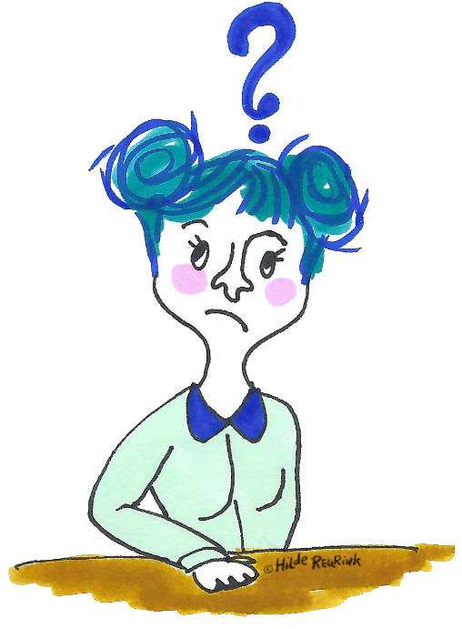 ingekleurde pentekening van vrouw met verbaasd gezicht en vraagteken, illustratie: Hilde Reurink