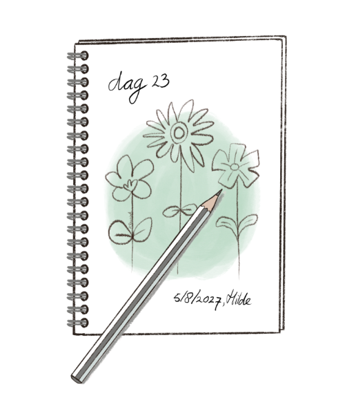 tekening van schetsboek met potlood en bloemen, illustratie uit het boek Elke dag tekenen voor uitstellers