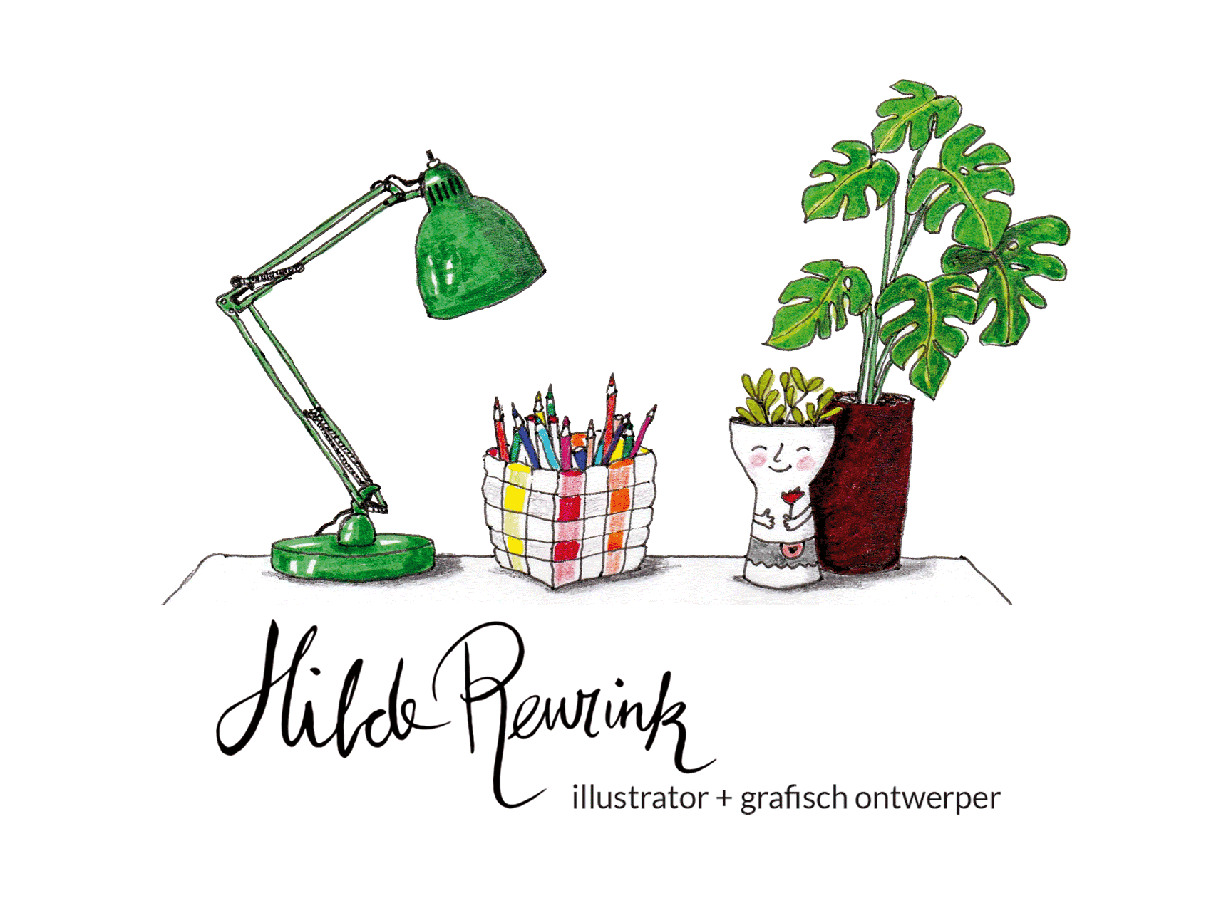 illustratie met lamp, potlodenbakje en plantjes op bureaublad
