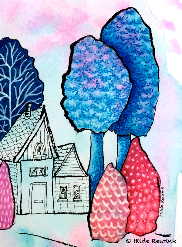 detail van illustratie met huizen en bomen