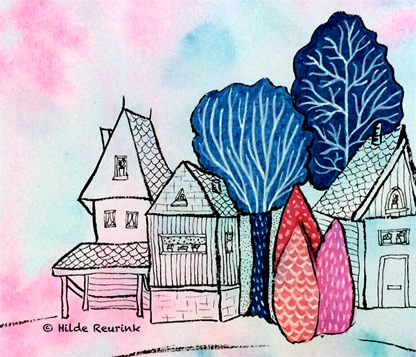 detail van tekening met huizen en bomen