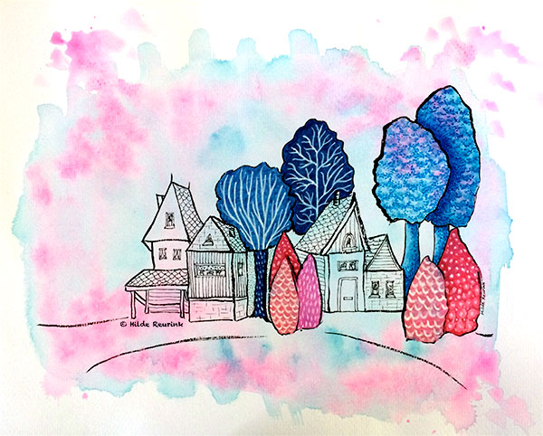 foto van ingekleurde lijntekening met huizen en bomen