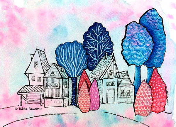 huis tekenen in stappen: tekening huisjes met fineliner en aquarelverf