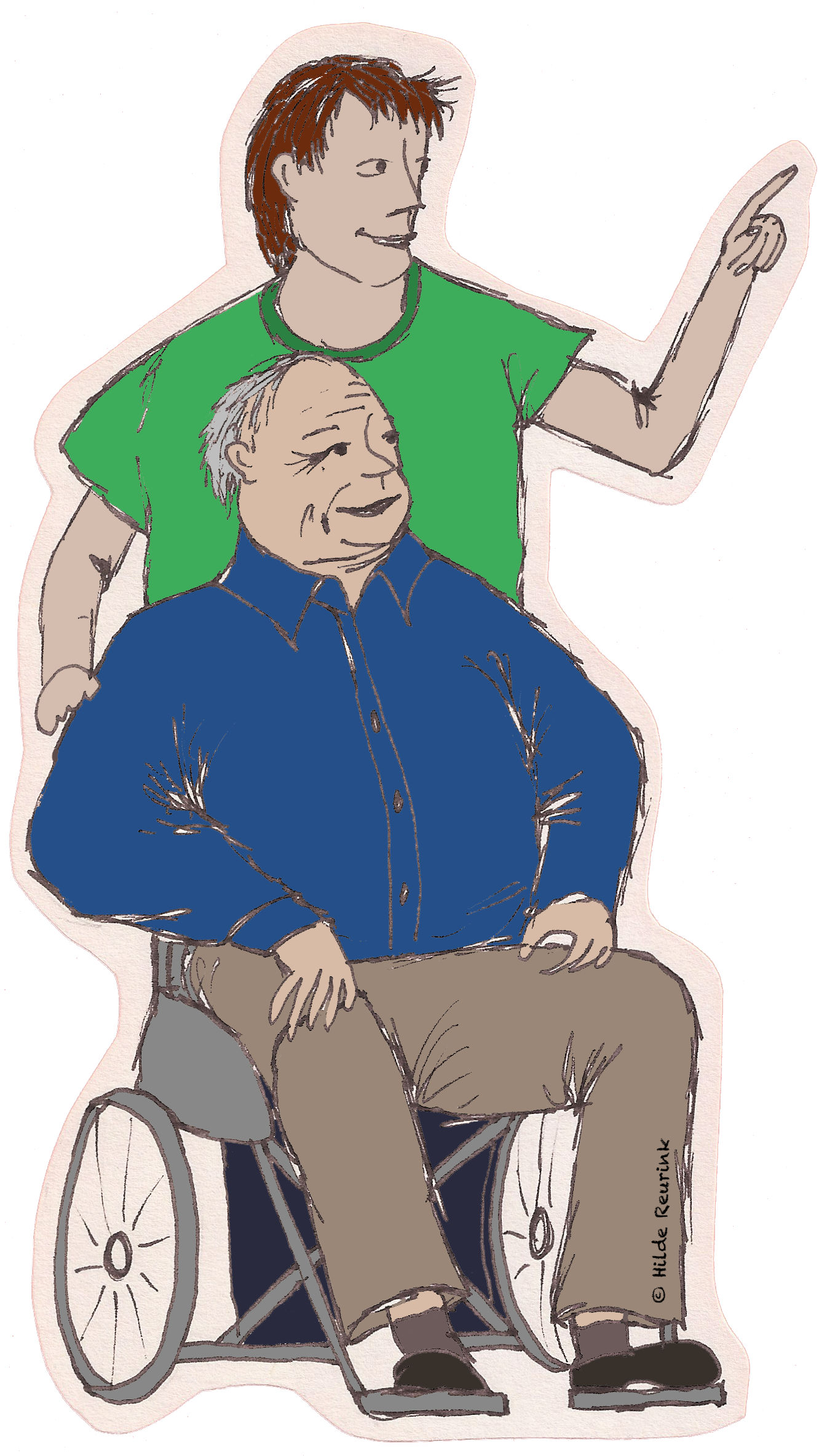 illustratie met oudere man in rolstoel, geduwd door jongere man