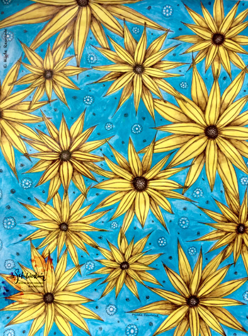 tekening van dessin met gele bloemen op blauw