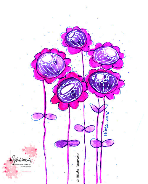 tekening van roze en paarse bloemen