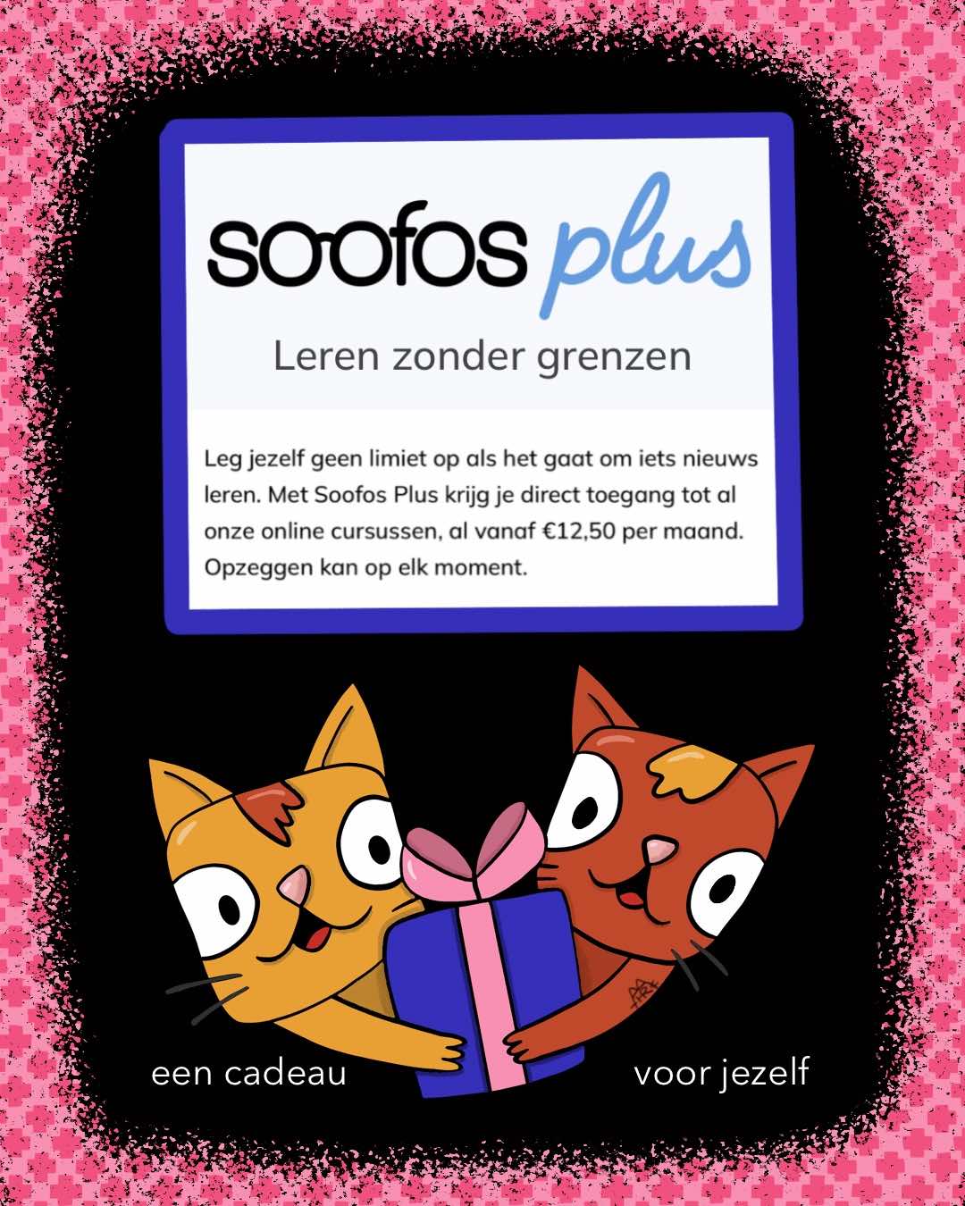 illustratie van 2 getekende katten die cadeau vasthouden en uitleg over Soofos Plus abonnement