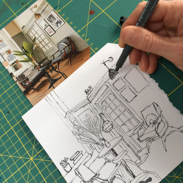 foto van  fineliner schets woonkamer