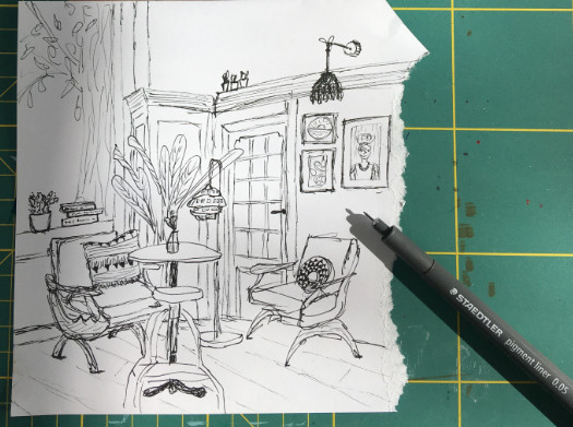 zwart-wit pentekening van een woonkamer