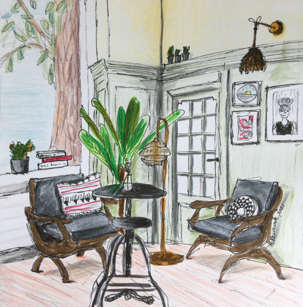 ingekleurde pentekening van een woonkamer