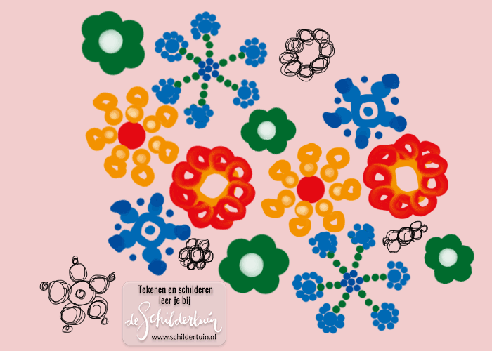 tekening met kleurige bloemen die zijn opgebouwd uit cirkels