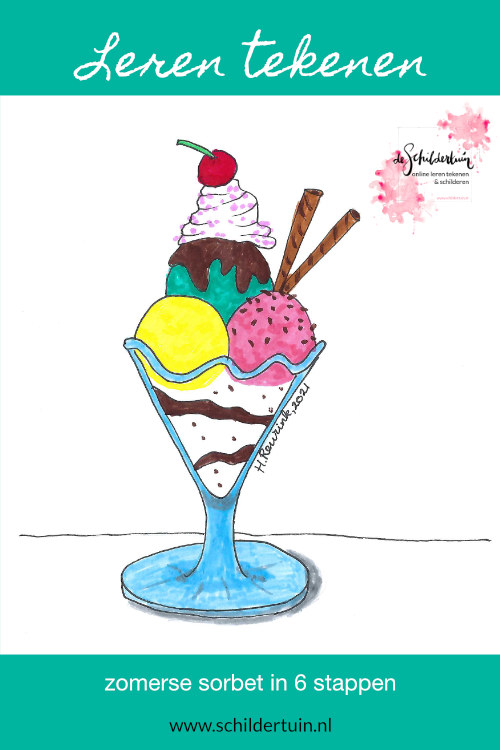 tekening van kleurige sorbet in ijscoupe glas
