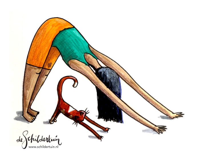 handgetekende illustratie van yoga vrouw en kat