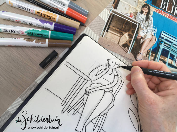 foto werkproces tekenen van zomers geklede vrouw met sorbet