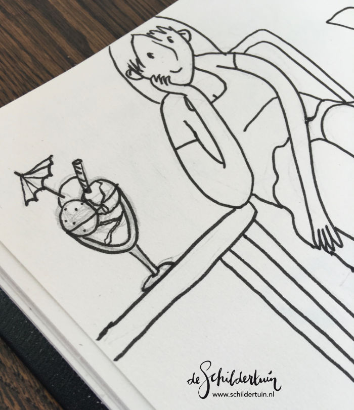 lijntekening van een zomerse geklede vrouw in stoel naast tafel met sorbet