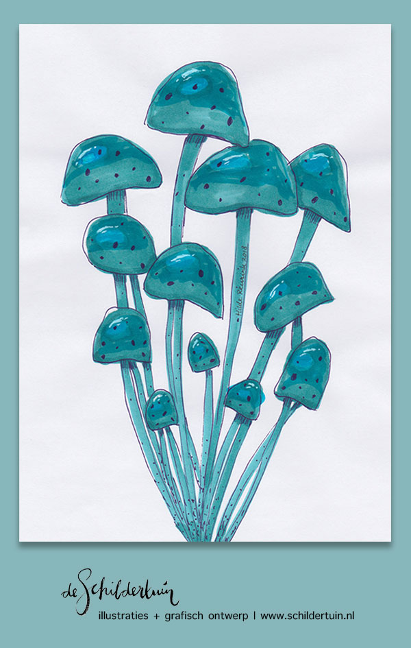 tekening van blauwe paddestoelen