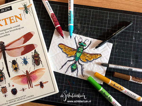 tekening van een Chlorion lobatum (jaagwesp)