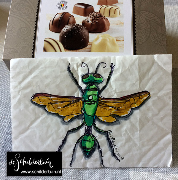 tekening van een Chlorion lobatum (jaagwesp) op inlay van bonbondoosje