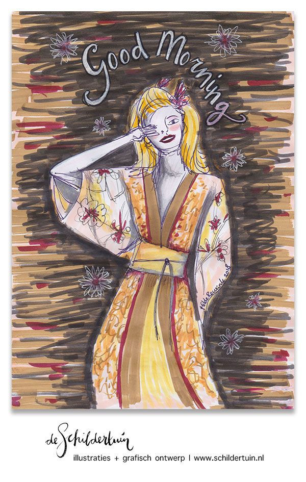 tekening van dame met Japanse kimono