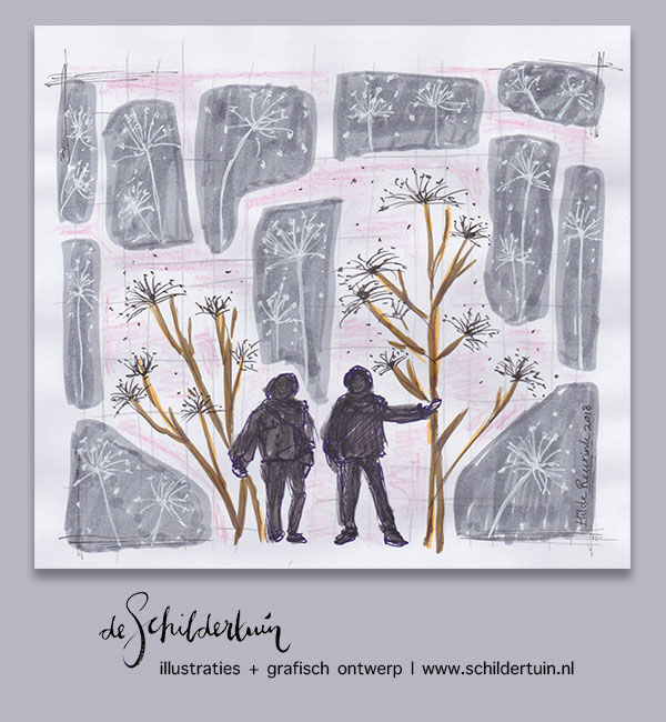 tekening net twee mannen tussen decoratieve planten