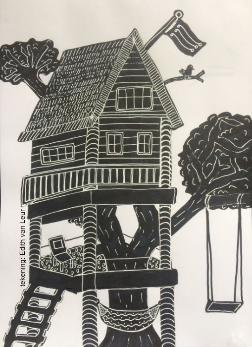 witte lijnen op zwart tekening van een boomhuis