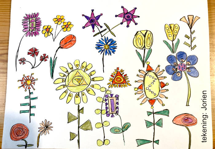 tekening van een bloemenveld opgebouwd uit basisvormen