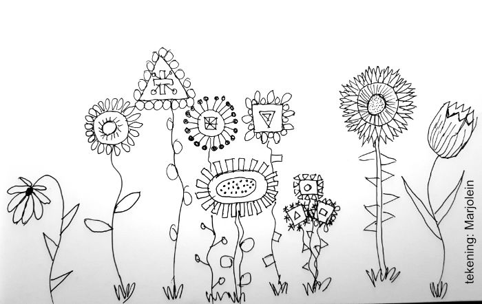 tekening van een bloemenveld opgebouwd uit basisvormen