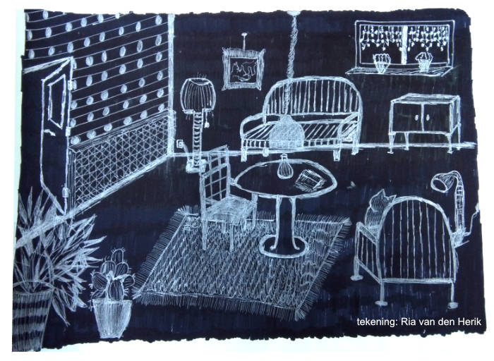 witte lijnen op zwart tekening van een huiskamer