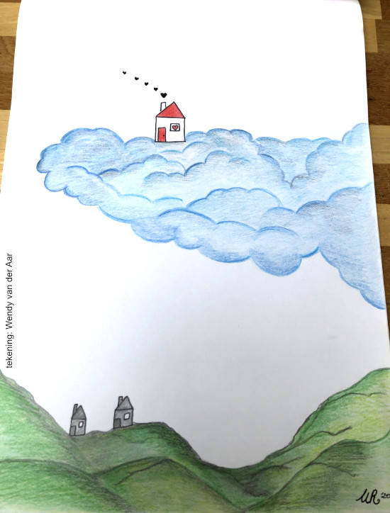 getekend landschap met gras, wolken en huisjes