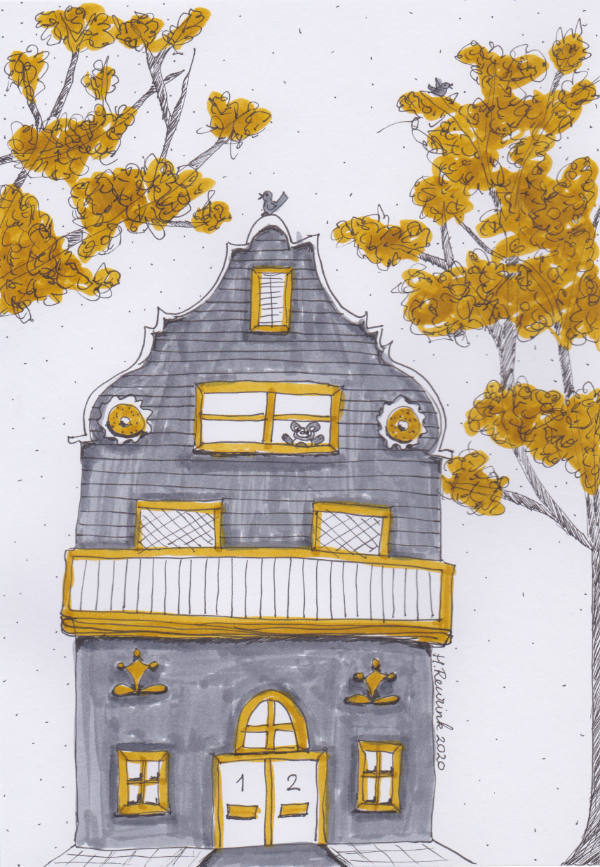 lijntekening van een huis, ingekleurd met brushpens