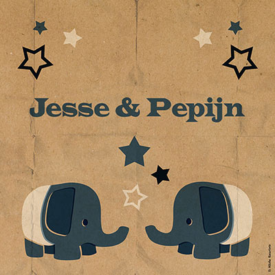 geboorteschilderij op canvas met namen van tweeling en blauwe olifantjes