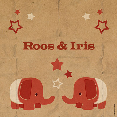 geboorteschilderij op canvas met namen van tweeling en rode olifantjes