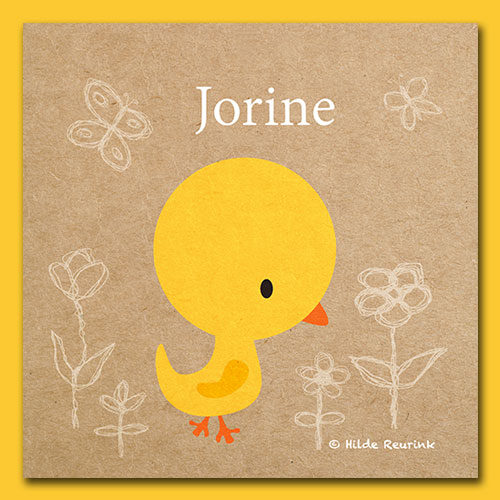 geboortekaart meisje met illustratie van geel vogeltje op papierprint achtergrond