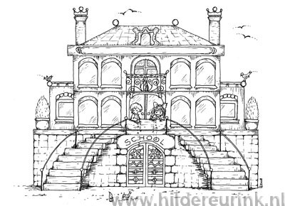 pentekening van een school, illustratie Hilde Reurink pentekening van een school