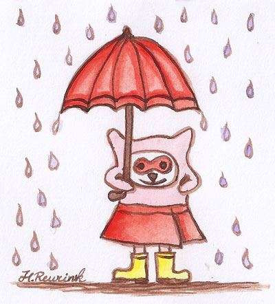 tekening van een kat in de regen met paraplu