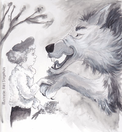 Roda en de wolf (Grimm), illustratie van Riët Stegehuis