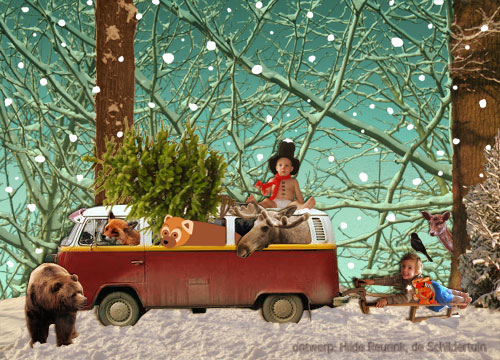 bestelbusje met dieren, kerstboom en kinderen in bos, winterse kerstkaart ontwerp Hilde Reurink