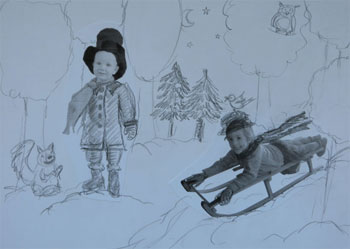 schets kerstkaart met kinderen in bos