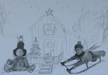 schets kerstkaart met kinderen in sneeuw bij huis