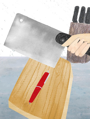 illustratie-hakmes-en-balpen-op-snijplank